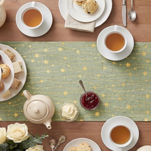 Gold Stars Sage Green Burlap Table Runner 12x48 Inch - Artoid Mode
