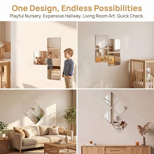 4-Pack Acrylic Mirror Tiles, 8 x 8 Inch Stick-On Shatter-Resistant Mirrors