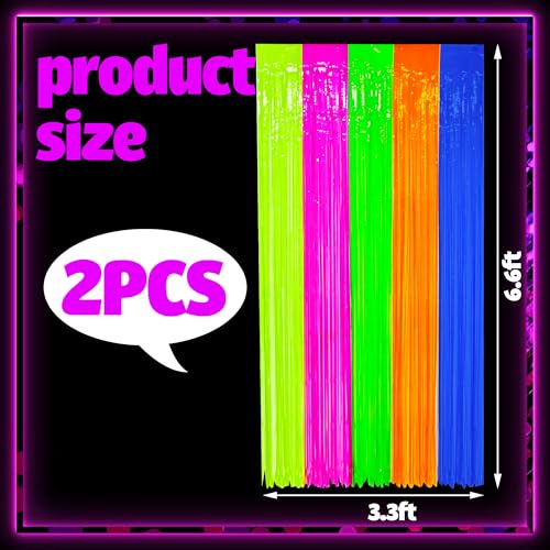 Neon Foil Fringe Curtains - 2 Pack Glow in The Dark Tinsel Streamers, 3.3 x 6.6 Ft
