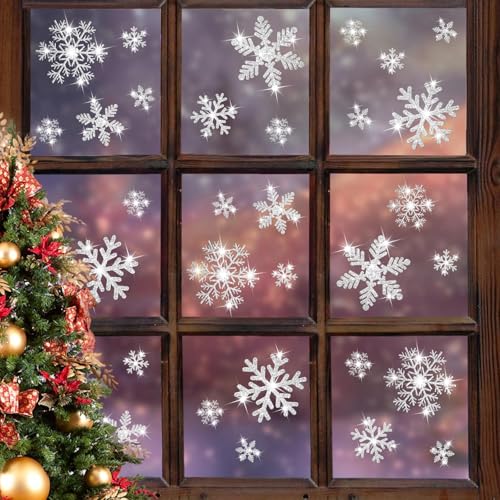 LUDILO 240Pcs Glitter Snowflake Window Clings - Static Christmas Decals