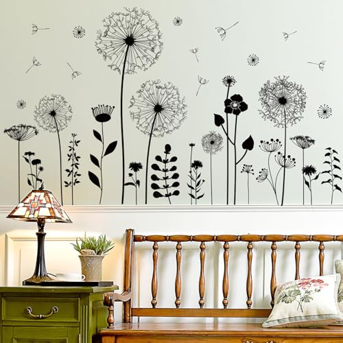 Black Dandelion Wall Decals - Large Floral Vinyl Stickers for Home