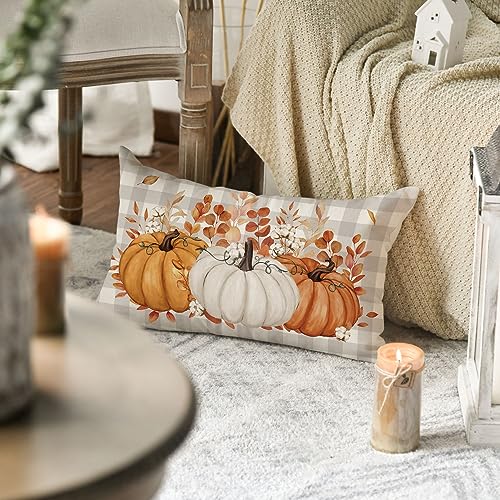 AVOIN colorlife Fall Pumpkin Plaid Orange Throw Pillow Cover 20x12 Inch