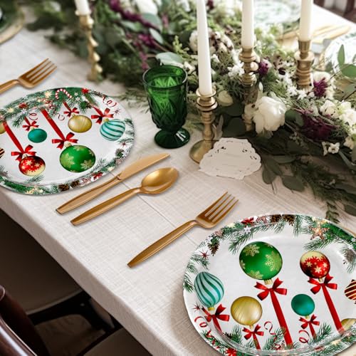 Christmas Ball Pattern Oval Paper Plates 10x12 Inches - Green, 100 Pack