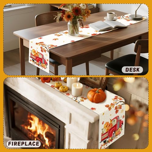Fall Linen Table Runner 13x54 Inches - Autumn Pumpkin & Maple Leaf Design