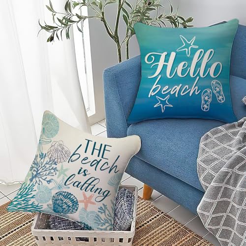 Coastal Beach Throw Pillow Covers 18x18 Set of 4, Nautical Linen Cushion Cases