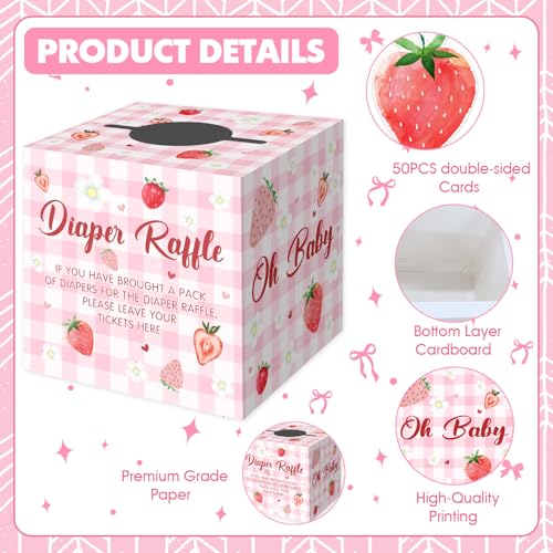 Fisahat Strawberry Baby Shower Decorations - 50 Pink Diaper Raffle Tickets with Box - Baby Girl Theme