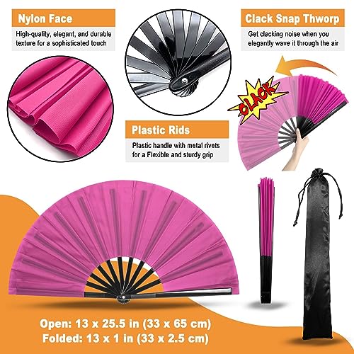 Large Pink Folding Hand Fan - Durable Rave & Festival Clack Fan