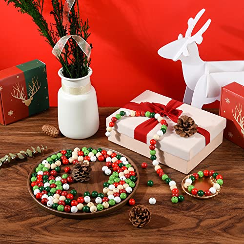 Christmas Wooden Beads 240 Pack - Natural, Red, Green & White Craft Beads for DIY Decorations