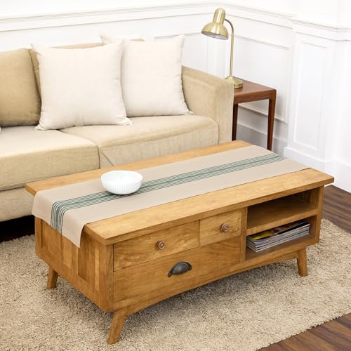 Linen Table Runner 14x48 Inches - Green & Natural Striped, Handcrafted, Eco-Friendly