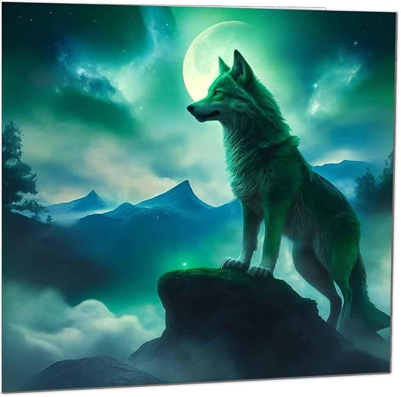Wolf Greeting Card Green Moon 145x145mm by Purple Fox