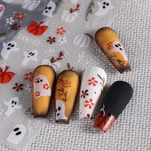 Halloween Nail Art Stickers 3D Self-Adhesive Ghost Pumpkin Decals 2 Sheets