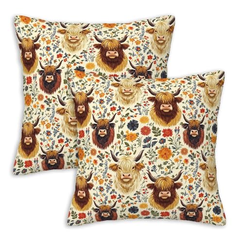 Highland Cow Throw Pillow Covers 18x18 Set of 2 - Floral Farmhouse Decor