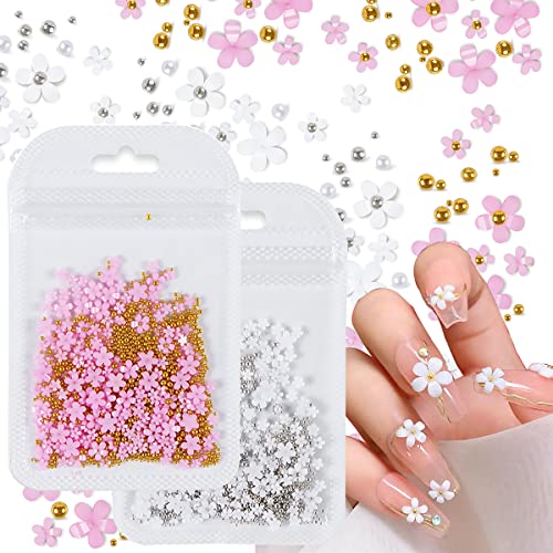 3D Flower Nail Charms with Pearls and Caviar Beads, 400Pcs DIY Manicure