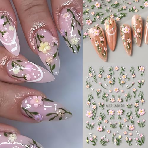 Brtavizvy 5D Embossed Flower Nail Art Stickers - Spring Floral & Leaf Decals with Tweezer