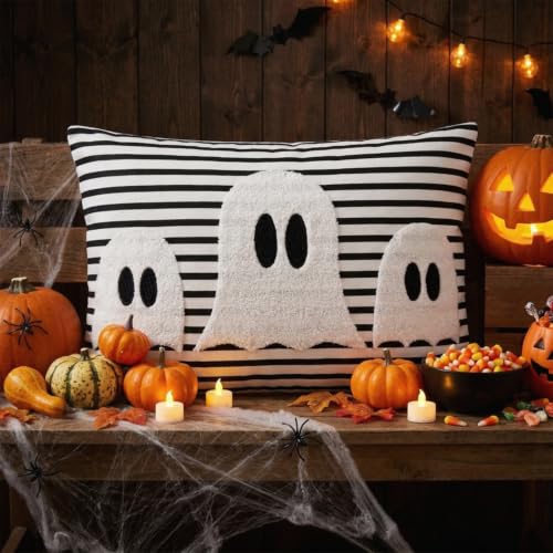 Boao Halloween Ghost Pillow Cover 12x20 Black and White Striped, Pack of 1