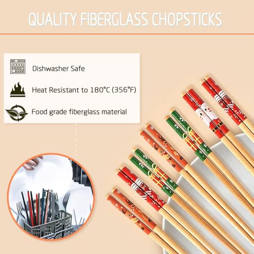 Colorful Christmas Cartoon Bamboo Chopsticks - 5 Pairs Reusable & Dishwasher Safe Gift