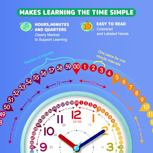 Kids Alarm Clock Green Silent Non-Ticking Learning Clock for School Beginners