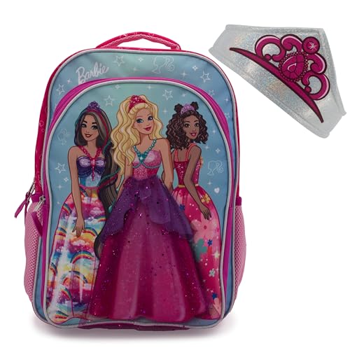 Barbie & Friends Cosplay Backpack, Girls Bookbag with Adjustable Shoulder Straps & Padded Back, 16¡± School Bag w/3D Skirt and Metallic Fabric Tiara.