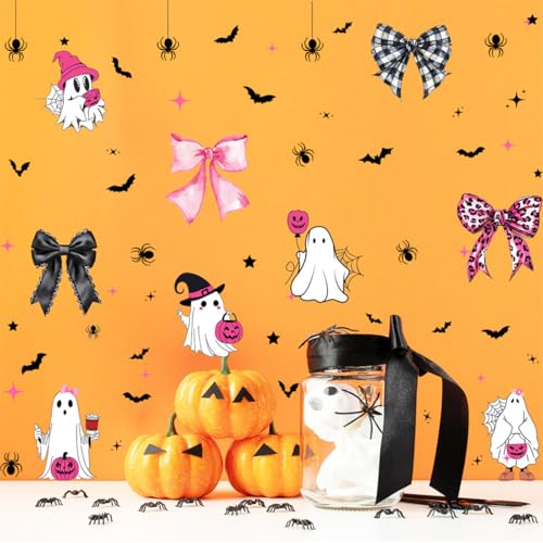Halloween Wall Decals - Cute Bow Ghost & Bat Stickers (2 Sheets)