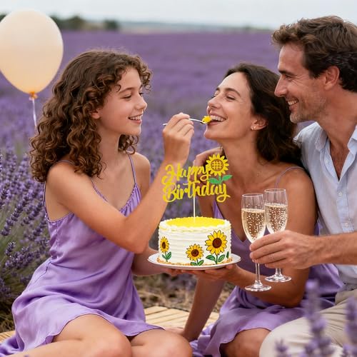 Glitter Sunflower Happy Birthday Cake Topper | ZIRVELANO