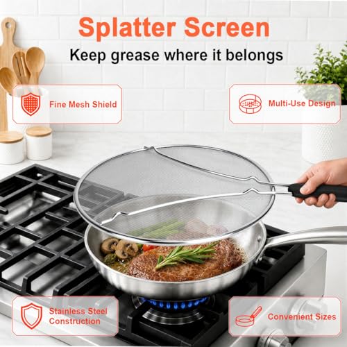 HOMEAVA 13-Inch Stainless Steel Splatter Screen - Black Handle Grease Guard