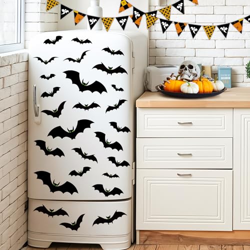 Halloween Window Clings - 6 Large Scary Bat Decals with Glow Eyes