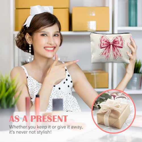 Breast Cancer Awareness Pink Ribbon Makeup Bag Linen Cosmetic Pouch