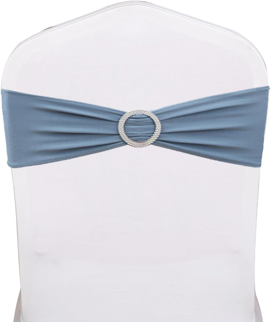 Skiennix 100 PCS Spandex Chair Sashes - Dusty Blue Stretch Bands with Buckles for Weddings & Events