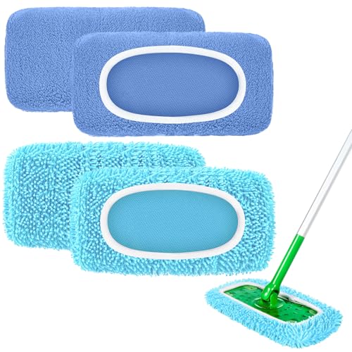 4 Pack Blue Reusable Mop Pads for Swiffer Sweeper (2 Chenille, 2 Coral Fleece)