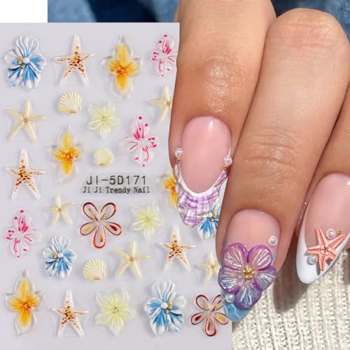 5D Embossed Ocean Summer Nail Art Stickers 3-Sheet Starfish Shell Decals
