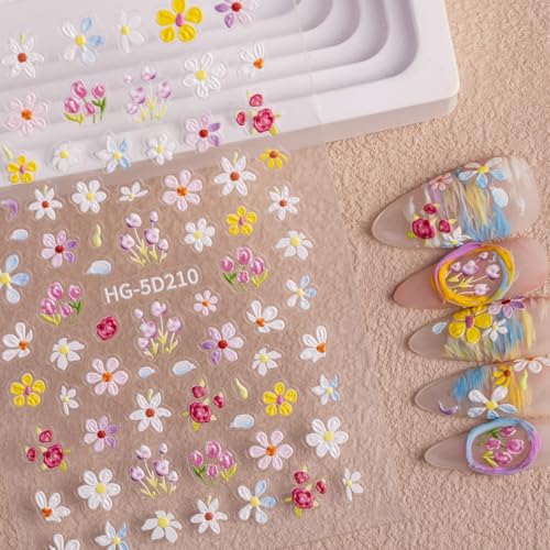 5D Embossed Flower Nail Art Stickers - Colorful Daisy Floral Decals Set (6 Sheets)