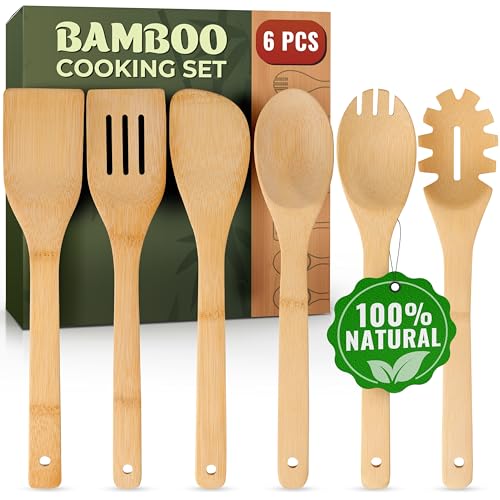 6-Piece Bamboo Cooking Utensils Set – Nonstick Safe Wooden Spoons