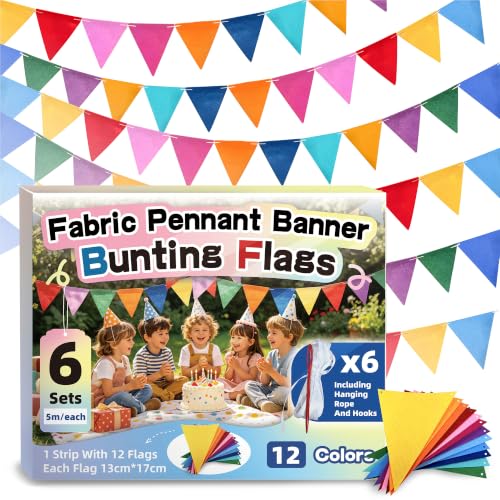 Vindafjord 98.5ft Rainbow Pennant Banner - 6 Pack DIY Fabric Bunting Flags