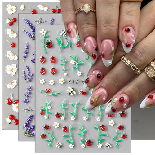 ZOAZJINAZ Ladybug & Floral Nail Stickers 3 Sheets - Embossed Spring Floral Nail Decals