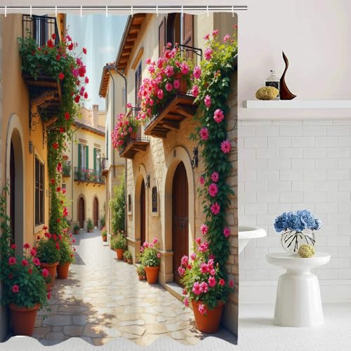 JEJOMEAG Italian Mediterranean Shower Curtain 70x70 Inches Tuscany Europe Fabric Bathroom Decor