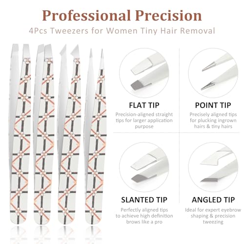 COSHAYSOO Aesthetic Precision Tweezers Set with Plaid Leather Case