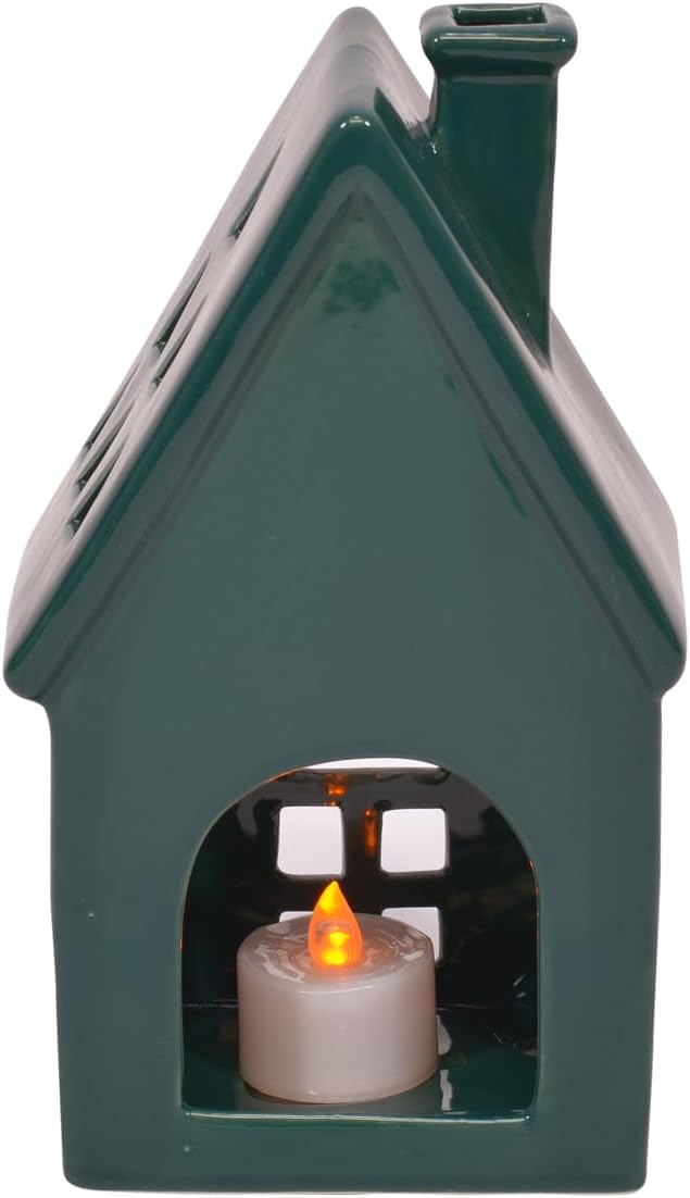 Regine Switzerland Holiday Tea Light Village House Figurines - Deep Green Glazed, Set of 3, 8 Inch