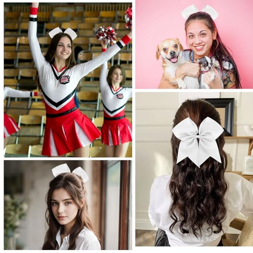 Large White Hair Bows for Cheerleaders - 8 Inch Cheer Bow with Elastic