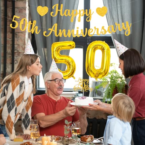 50th Wedding Anniversary Decoration Set - Gold Glitter Banner & Balloons