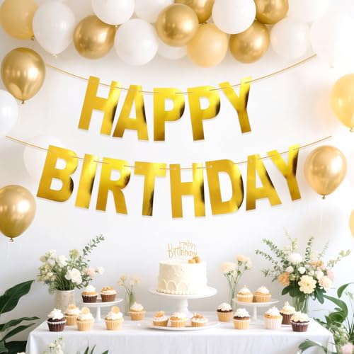 Personalized Happy Birthday Banner Garland - Shiny Gold Decor