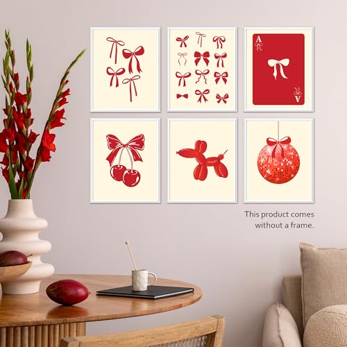 Preppy Red Bow Wall Art Posters Aesthetic Coquette Disco Ball Set of 6