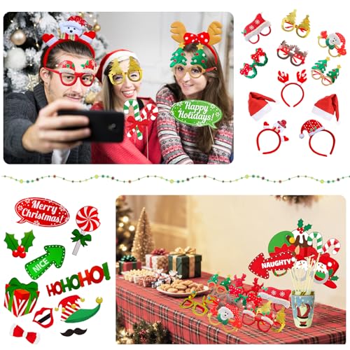 Christmas Photo Booth Props Kit 52 Pcs with Glitter Glasses Hats Signs - Holiday Party Decorations