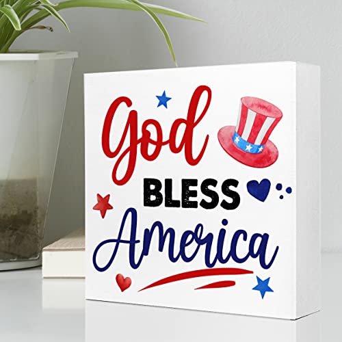 God Bless America Patriotic Wooden Block Sign 4th of July Desk Decor