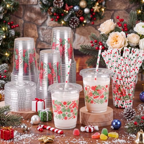 Christmas Candy Cane Disposable Plastic Cups Set with Lids & Straws - Red Green Variation
