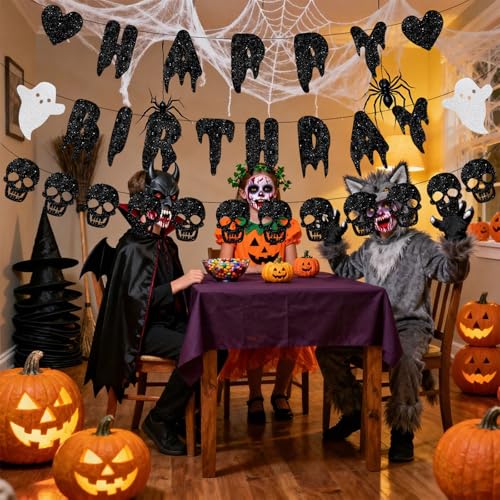 Black Halloween Happy Birthday Banner with Skull Garland Decorations