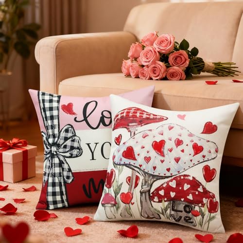 Artscope Valentine's Day Pillow Covers Set of 4, 18x18 Inch Red & Pink Heart Decor