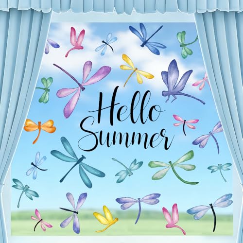 JOICEE 6 Pack Watercolor Dragonfly Window Clings - Removable Summer Decor