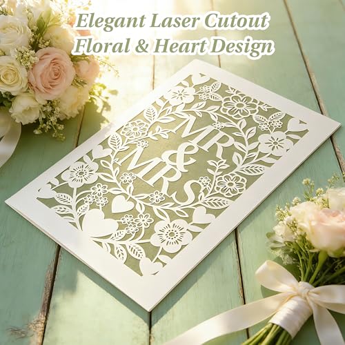 Sage Green Laser-Cut Floral Heart Wedding Card for Newlyweds