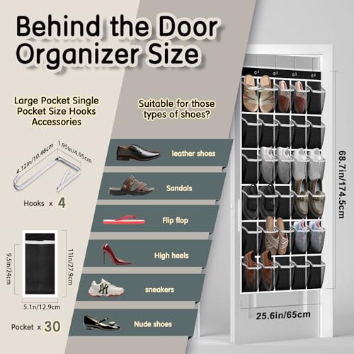 30-Pocket Over the Door Shoe Organizer - Black Hanging Rack