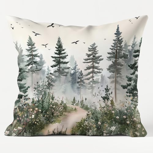 Forest Watercolor Pine Tree Pillow Cover 18x18 - Rustic Flannel